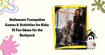 Kids playing Halloween trampoline games in a backyard