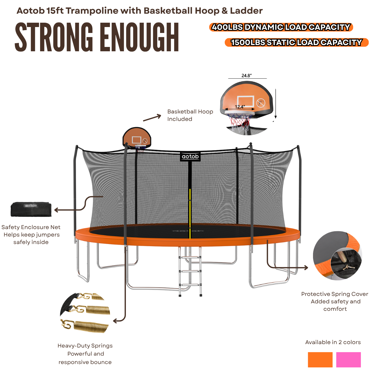 15 ft 1500lbs Capacity Heavy Duty Outdoor Trampoline for Kids & Adults