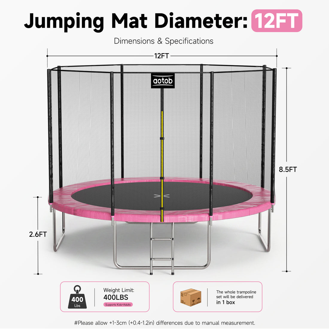 Aotob 12ft Trampoline for Kids/Adults, Backyard 1400 LBS Trampoline with Safety Enclosure Net/Ladder,Pink